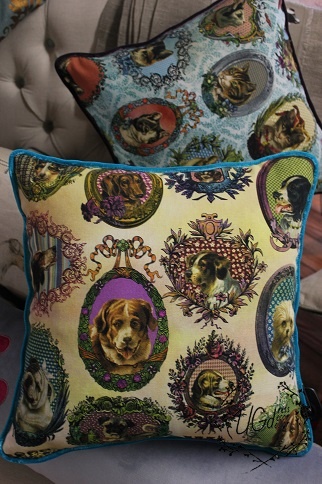 Подушка Vintage с собаками, фиолетовый кант, фото 2